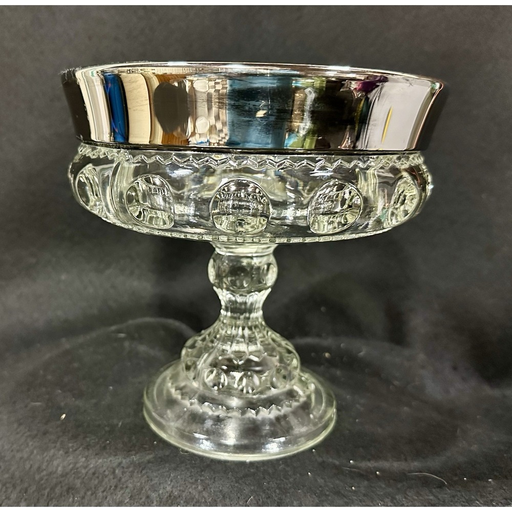 Kings Crown Indiana Glass Thumbprint Silver Band 7"‎ Compote Bowl Cup Candy Dish